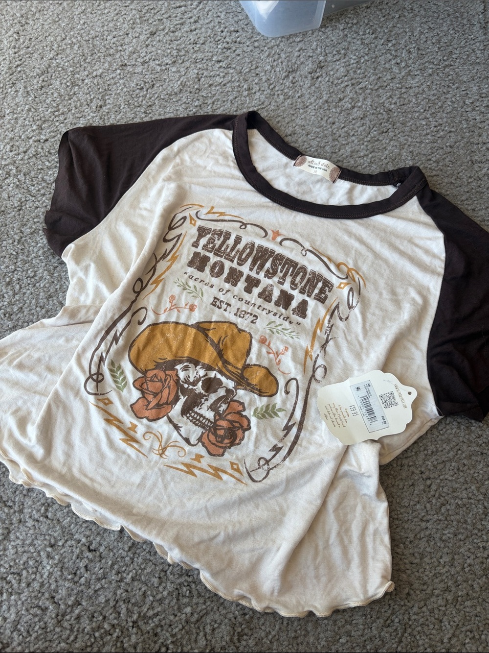 NWT Altar'd State Cream Tee with Brown Trim and Brown Graphic - Picture 6 of 7